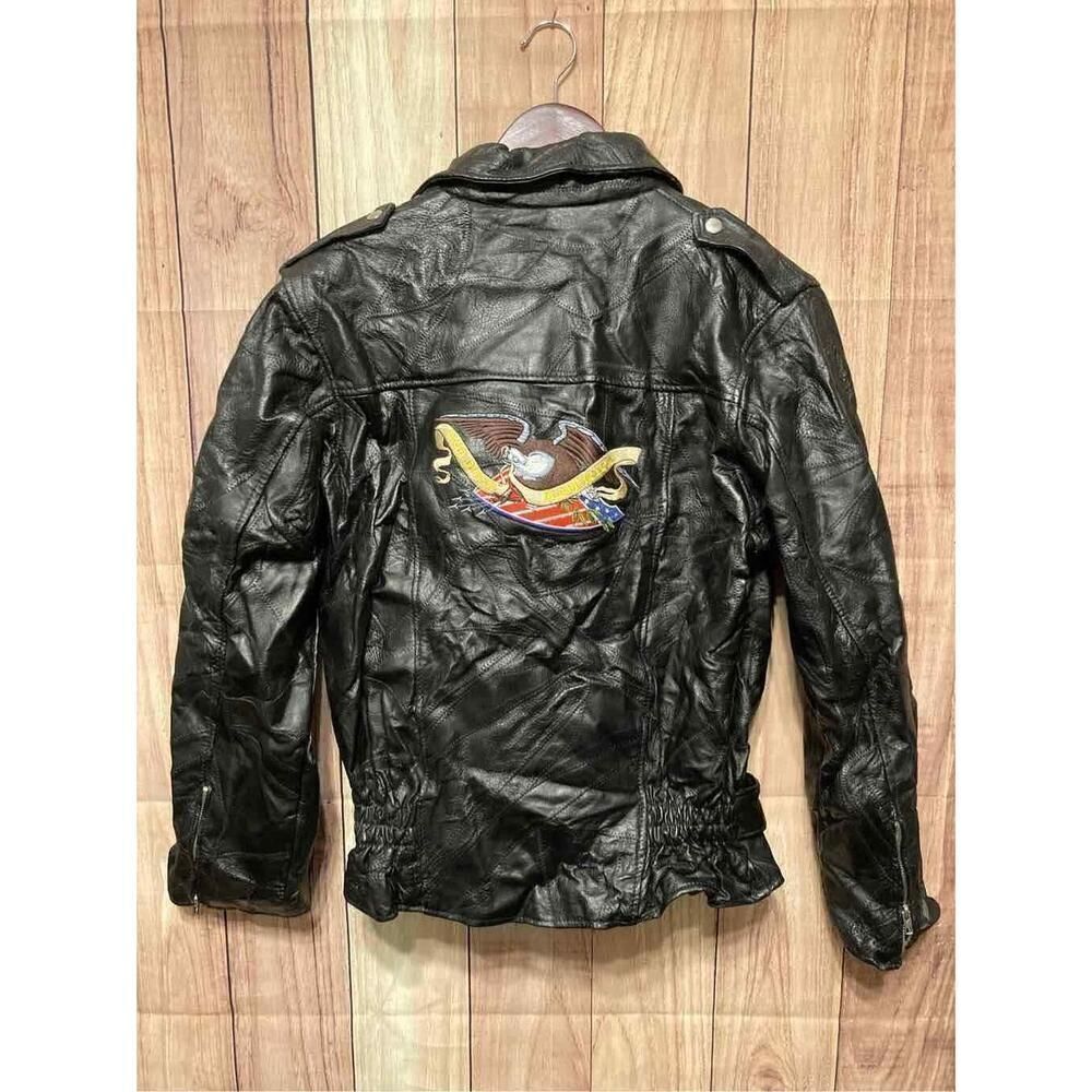 Leather jacket womans Large black biker Moto eagle god bless America NWT